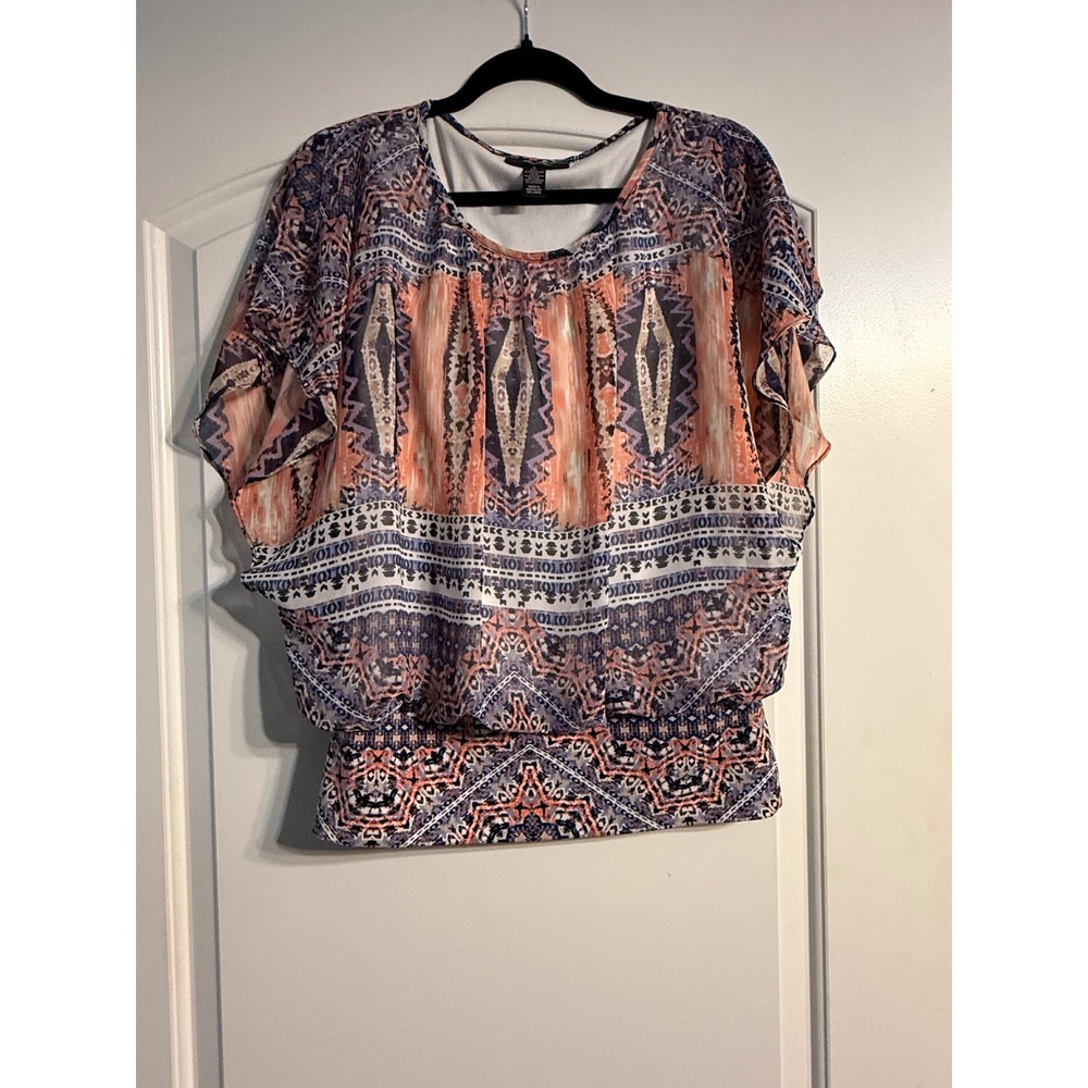 Style & Co Blouse Small Coral Blue Ikat Dolman Sleeve Smocked Hem Boho Flowy